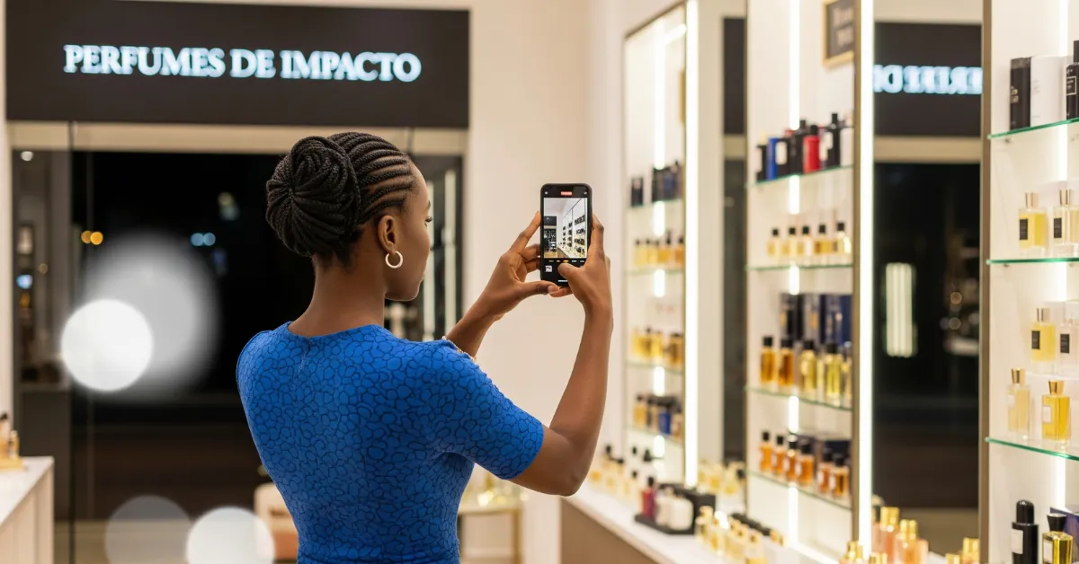 Uma empresária bem vestida, negra de cabelos trançados, fazendo um vídeo dentro se sua loja para confirmar seu endereço no Google Meu Negócio. A loja chama Perfumes de Impacto.