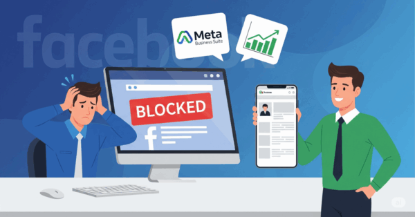 Imagem com Um fundo azul (cor padrão do Facebook) com uma ilustração no estilo flat de um empresário frustrado tentando usar o Facebook no computador (tela com “bloqueado” em vermelho). Ao lado, outro empresário sorridente com celular mostrando uma “página comercial” bem estruturada. Ícones flutuando: gráfico de métricas e ícone do Meta Business Suite.