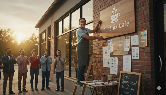 Alegria de um dono de pequeno comércio ao criar uma marca e aplicar o logotipo empresa na fachada